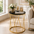Premium Designer Round Shaped Golden Artistic Side Table with Black Marble