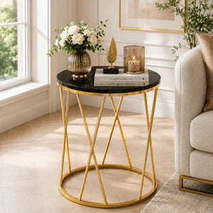 Premium Designer Round Shaped Golden Artistic Side Table with Black Marble