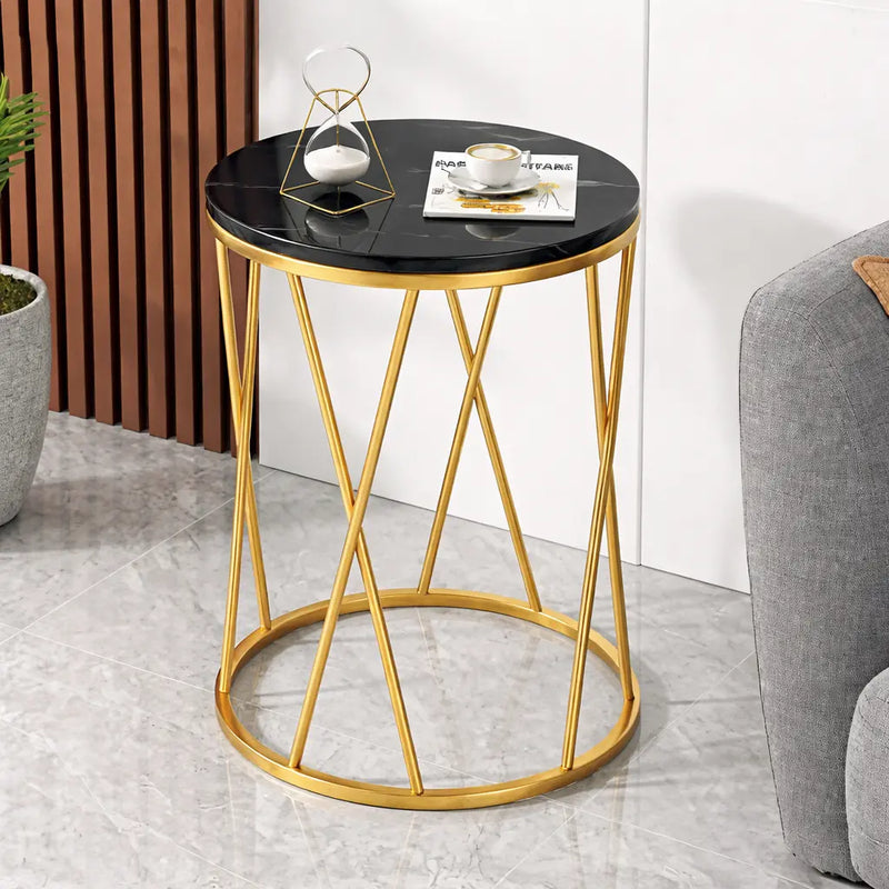 Premium Designer Round Shaped Golden Artistic Side Table with Black Marble