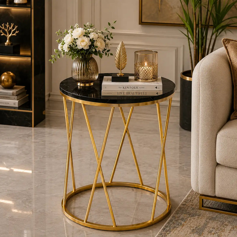 Premium Designer Round Shaped Golden Artistic Side Table with Black Marble