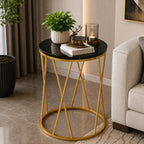 Premium Designer Round Shaped Golden Artistic Side Table with Black Marble