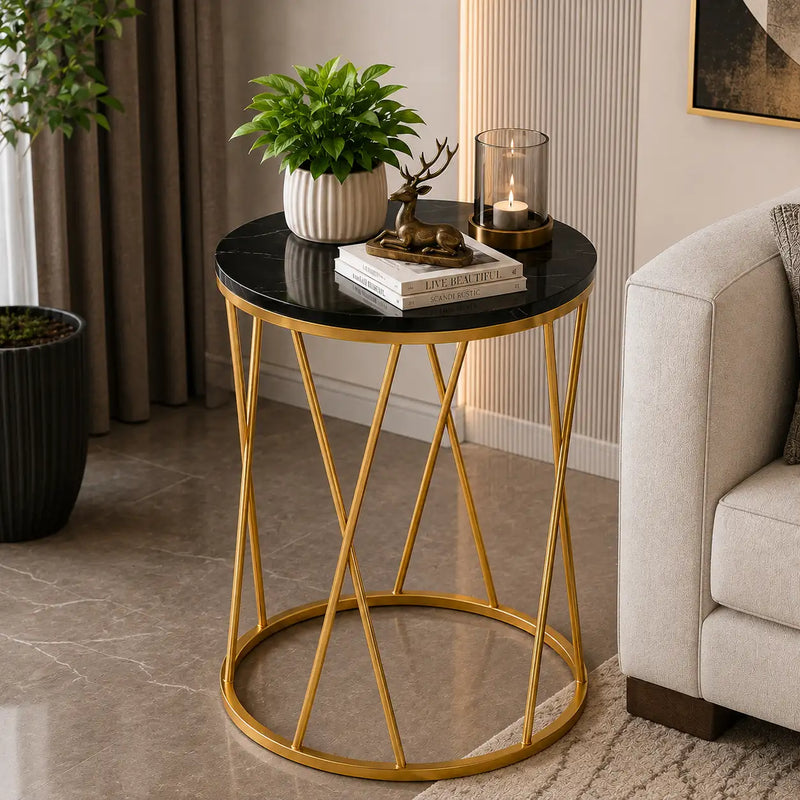 Premium Designer Round Shaped Golden Artistic Side Table with Black Marble