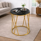 Premium Designer Round Shaped Golden Artistic Side Table with Black Marble