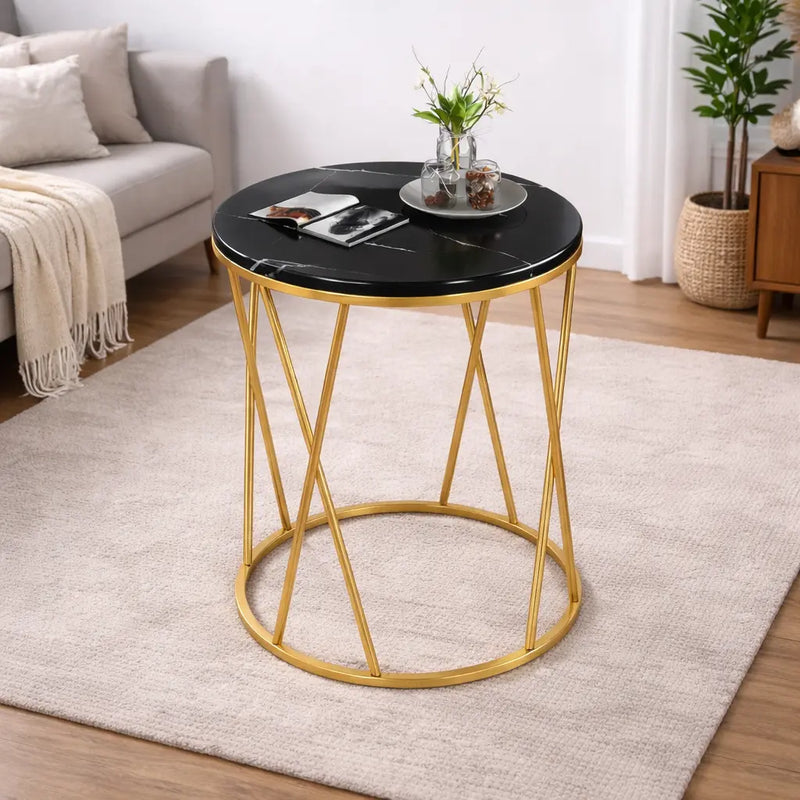 Premium Designer Round Shaped Golden Artistic Side Table with Black Marble
