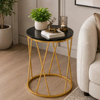 Premium Designer Round Shaped Golden Artistic Side Table with Black Marble