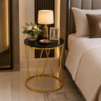 Premium Designer Round Shaped Golden Artistic Side Table with Black Marble