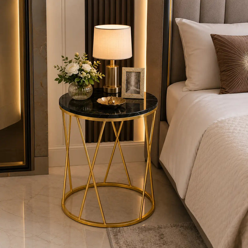 Premium Designer Round Shaped Golden Artistic Side Table with Black Marble