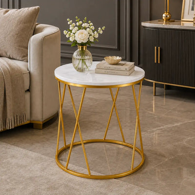 Premium Designer Round Shaped Golden Artistic Side Table with White Marble