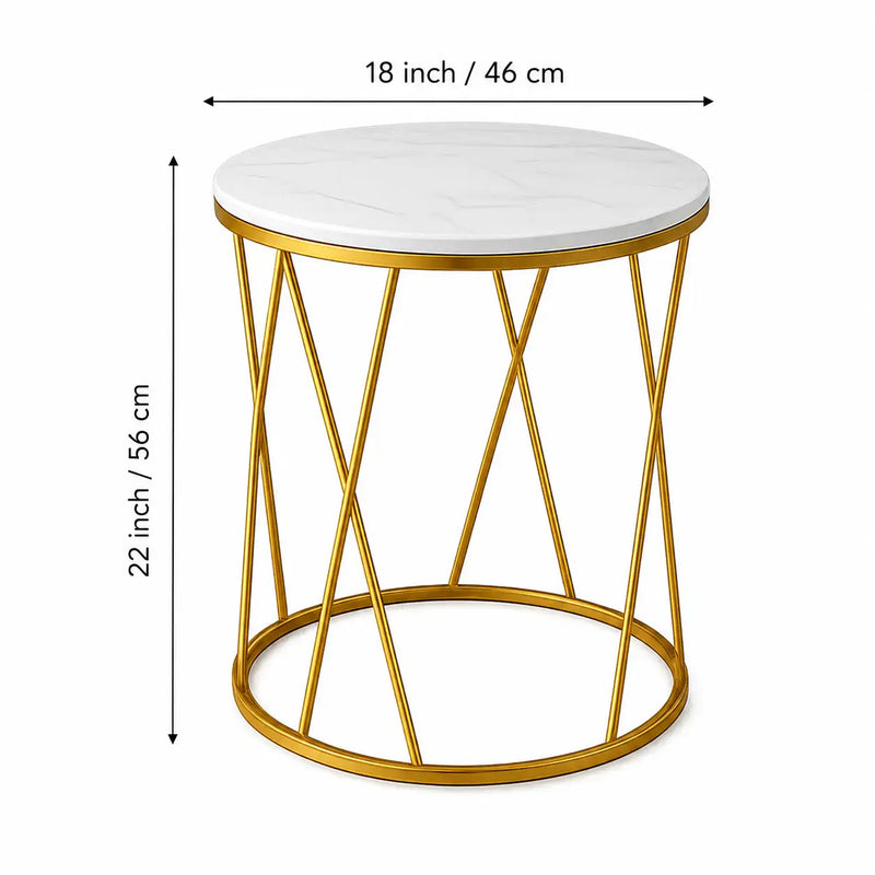 Premium Designer Round Shaped Golden Artistic Side Table with White Marble