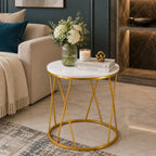 Premium Designer Round Shaped Golden Artistic Side Table with White Marble