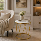 Premium Designer Round Shaped Golden Artistic Side Table with White Marble