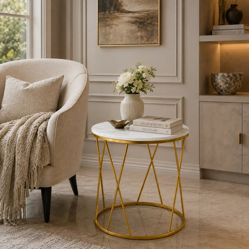 Premium Designer Round Shaped Golden Artistic Side Table with White Marble