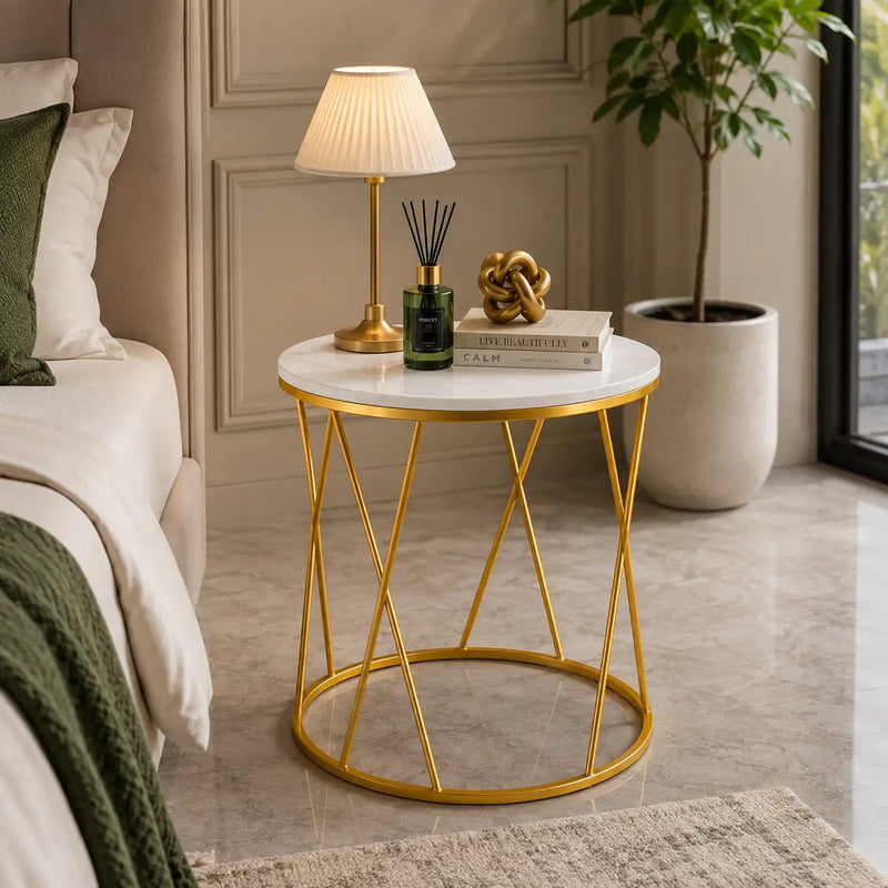 Premium Designer Round Shaped Golden Artistic Side Table with White Marble