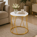 Premium Designer Round Shaped Golden Artistic Side Table with White Marble