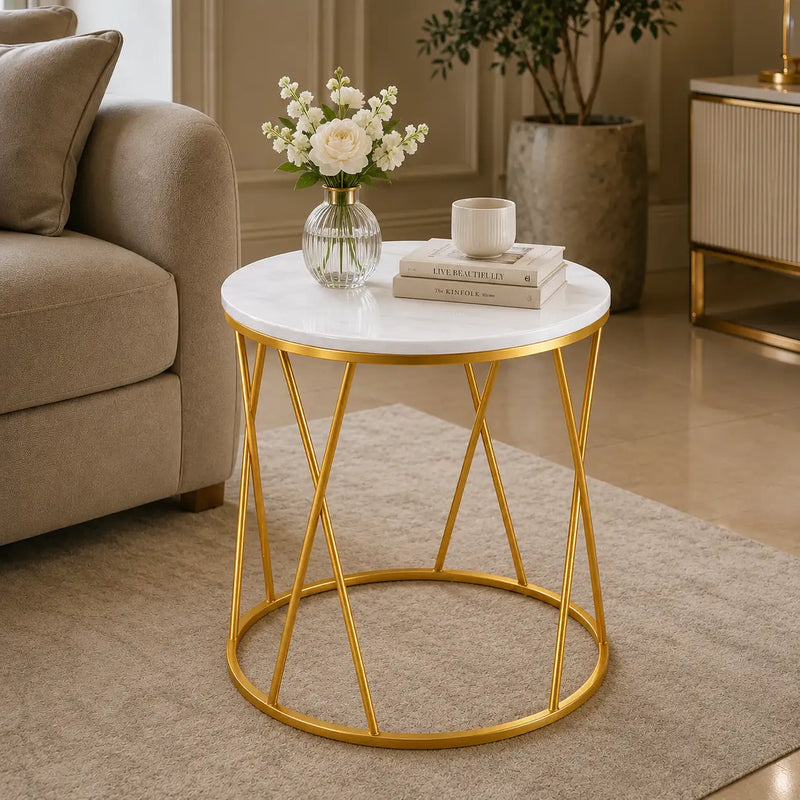 Premium Designer Round Shaped Golden Artistic Side Table with White Marble