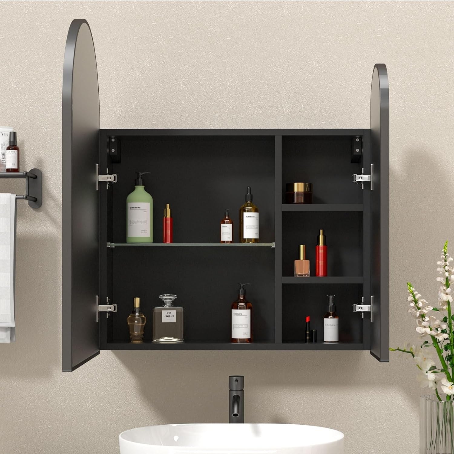 Premium Dual Arched Bathroom Storage Mirror with Black Finish