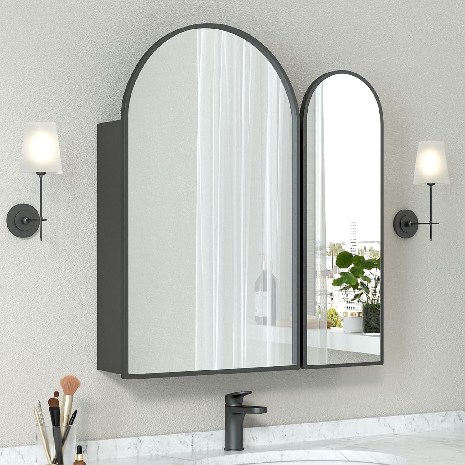 Premium Dual Arched Bathroom Storage Mirror with Black Finish