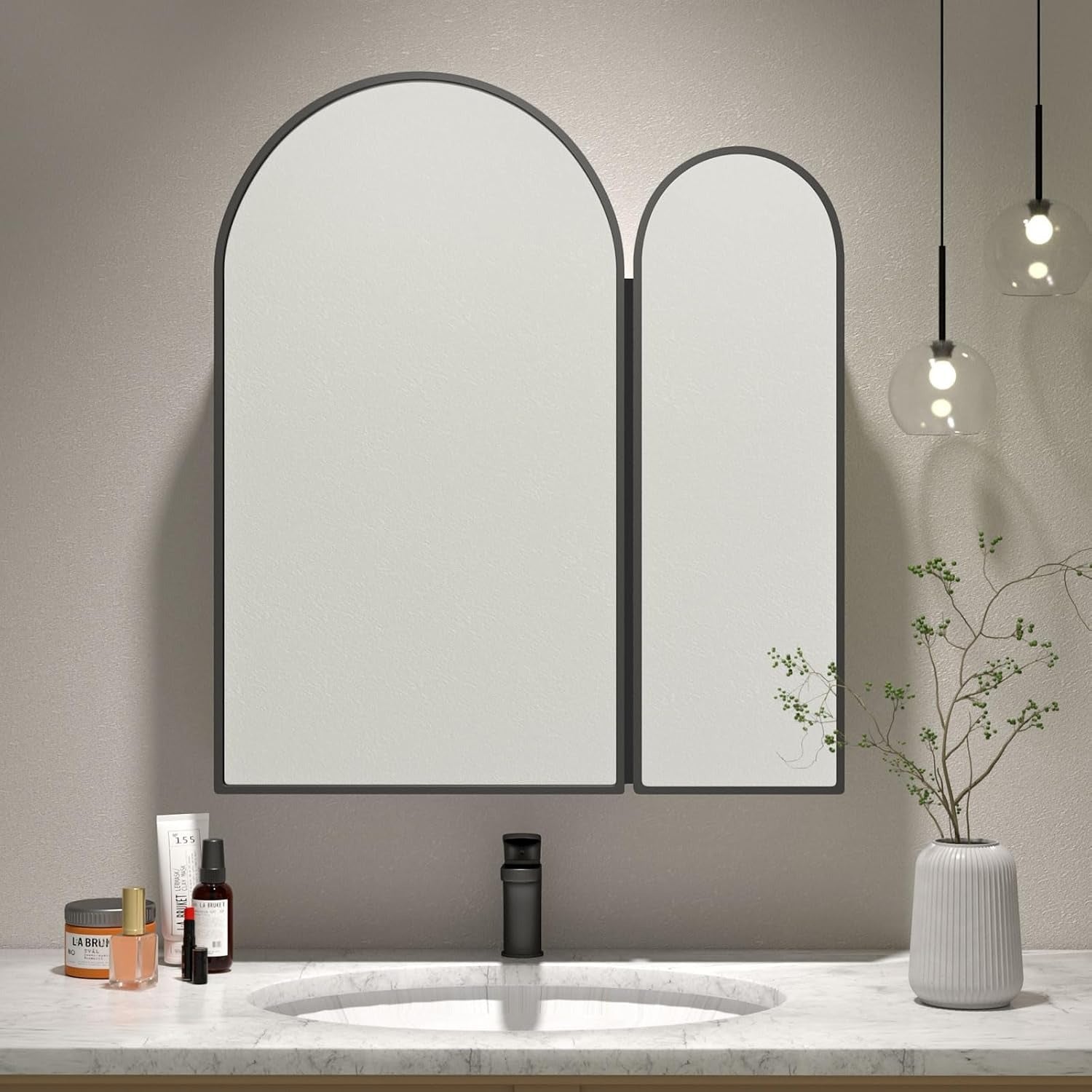 Premium Dual Arched Bathroom Storage Mirror with Black Finish