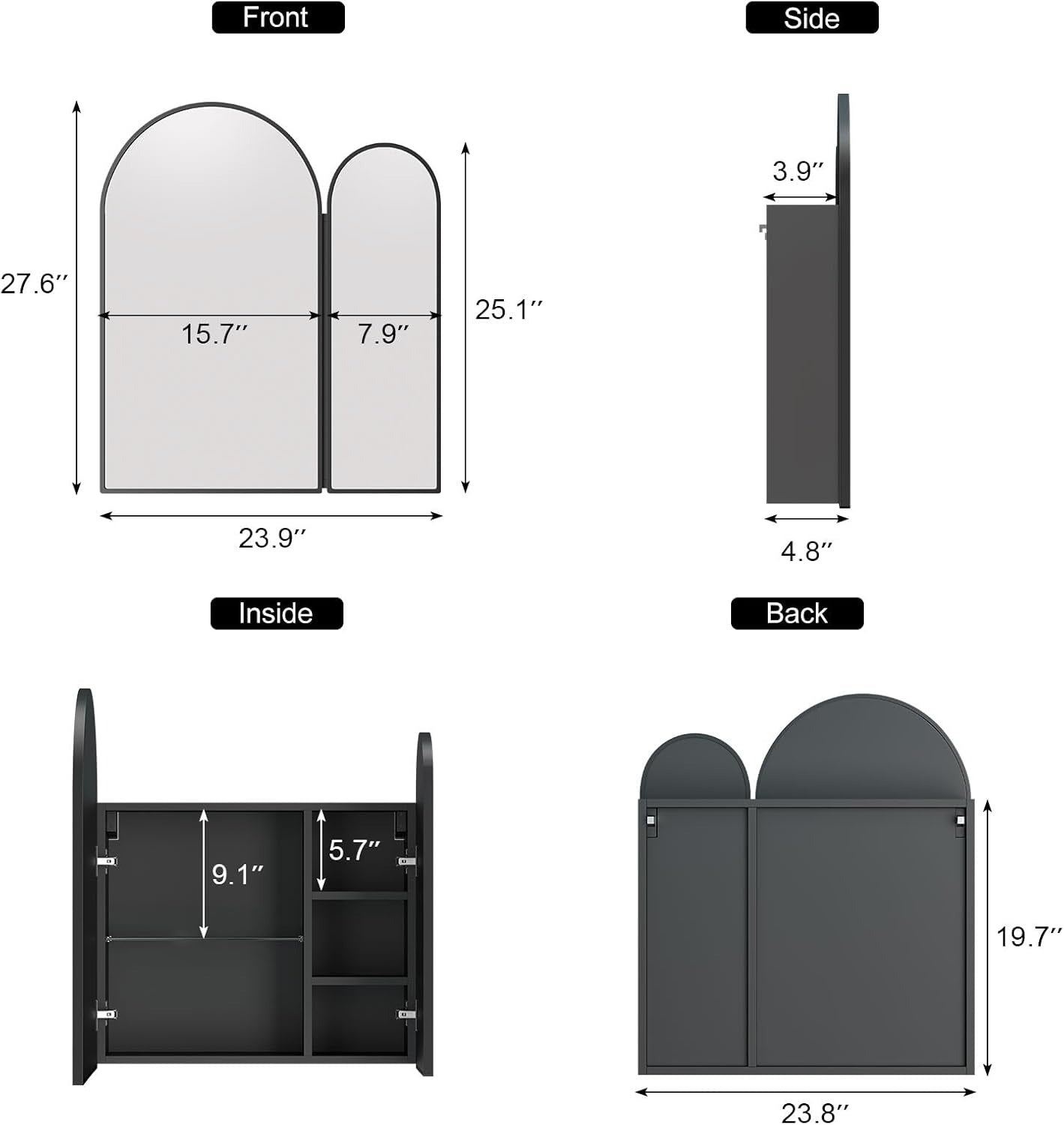 Premium Dual Arched Bathroom Storage Mirror with Black Finish
