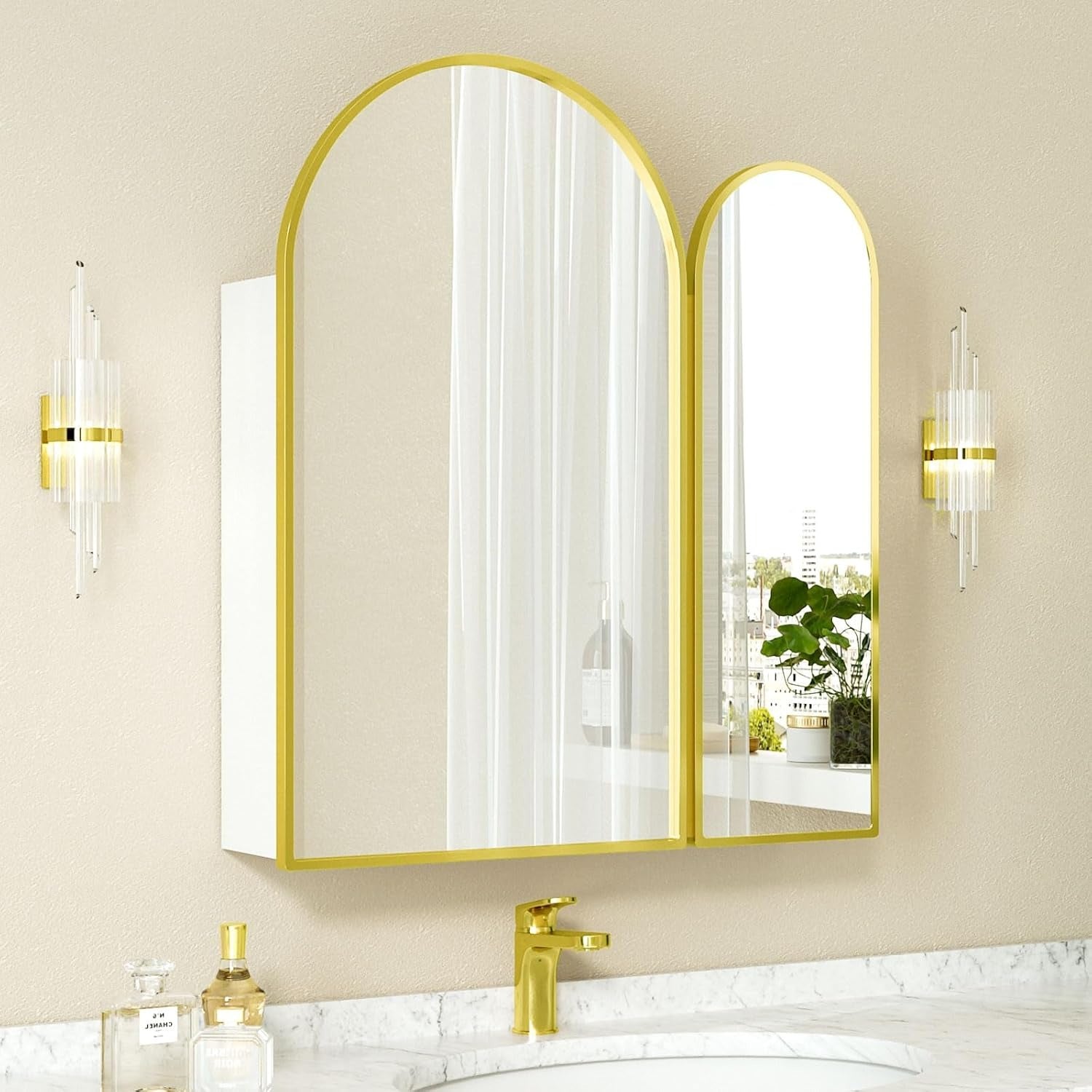 Premium Dual Arched Bathroom Storage Mirror with Golden Finish