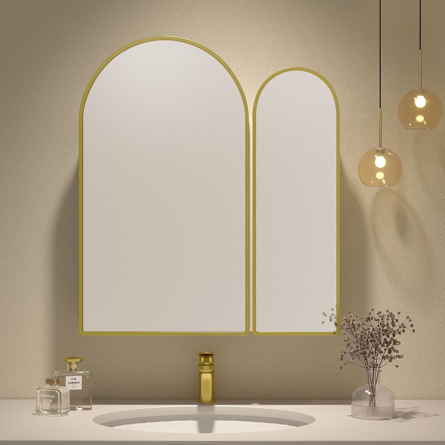 Premium Dual Arched Bathroom Storage Mirror with Golden Finish