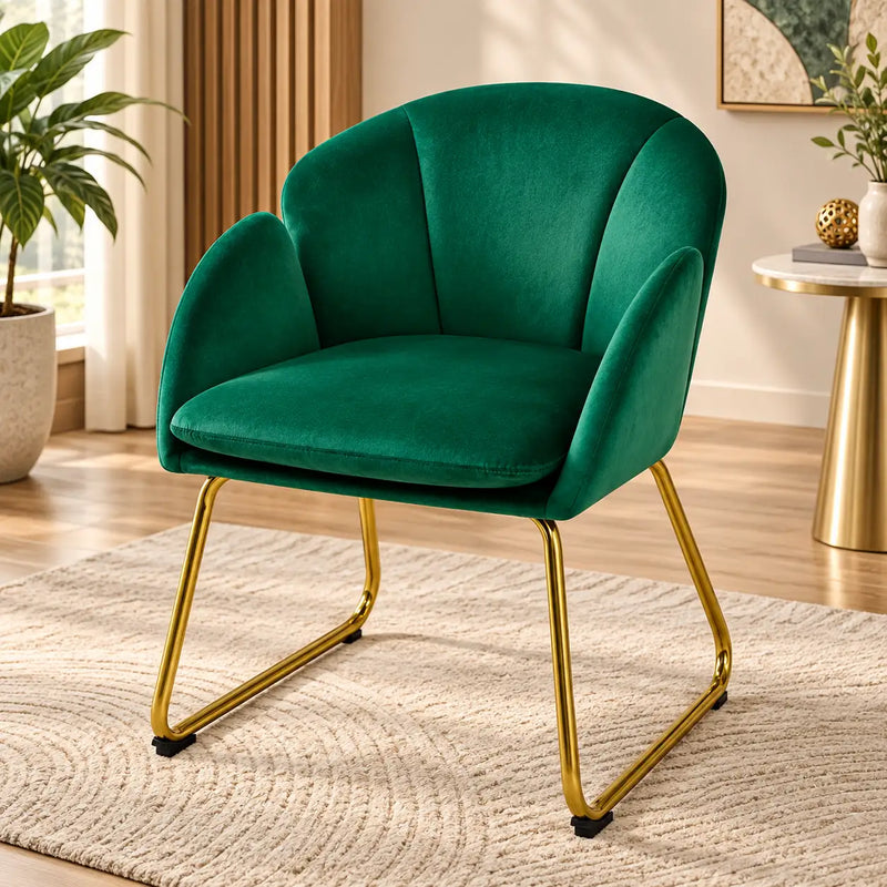 Premium Emerald Green Velvet Accent Chair with Curved Back & Golden Metal Legs