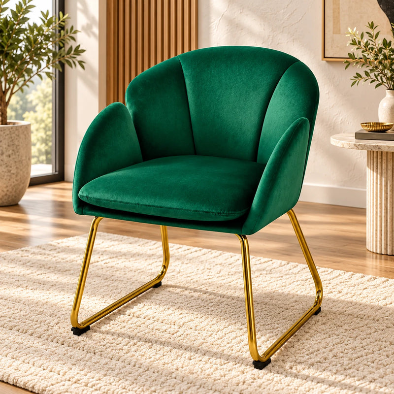 Premium Emerald Green Velvet Accent Chair with Curved Back & Golden Metal Legs