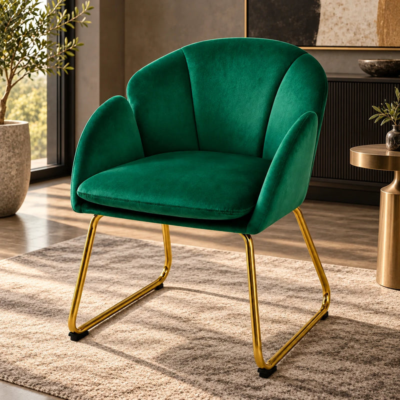 Premium Emerald Green Velvet Accent Chair with Curved Back & Golden Metal Legs