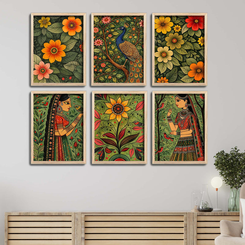 Premium Ethnic Floral Decorative Wall Frame Set of Six for Living Room