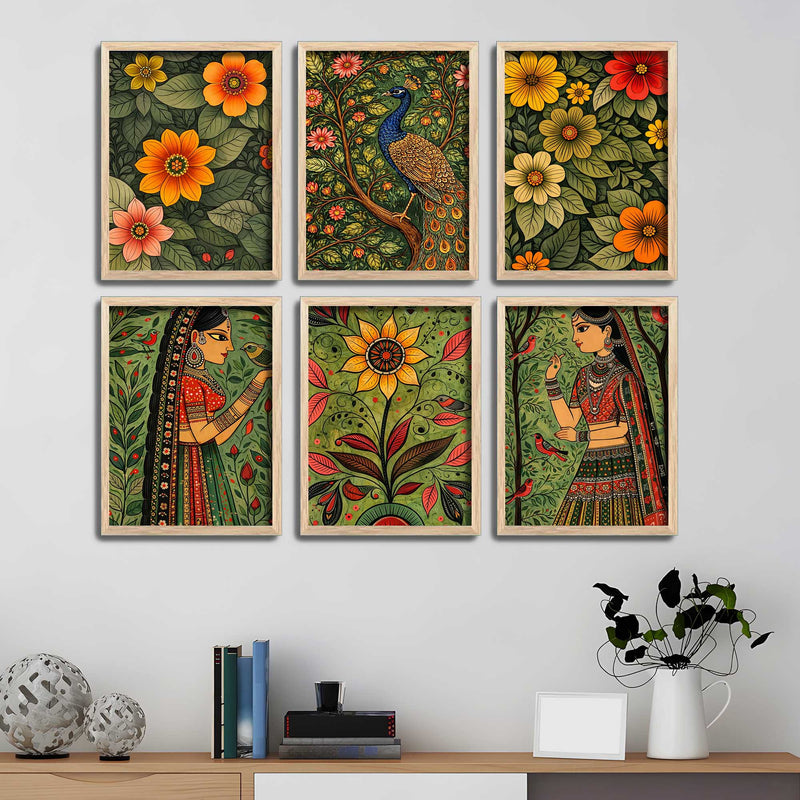 Premium Ethnic Floral Decorative Wall Frame Set of Six for Living Room