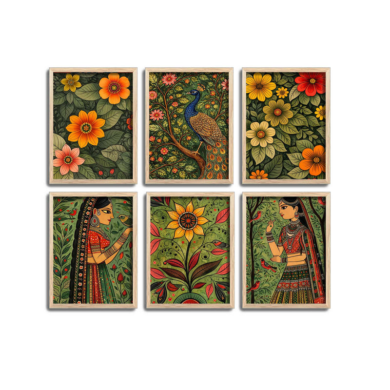Premium Ethnic Floral Decorative Wall Frame Set of Six for Living Room