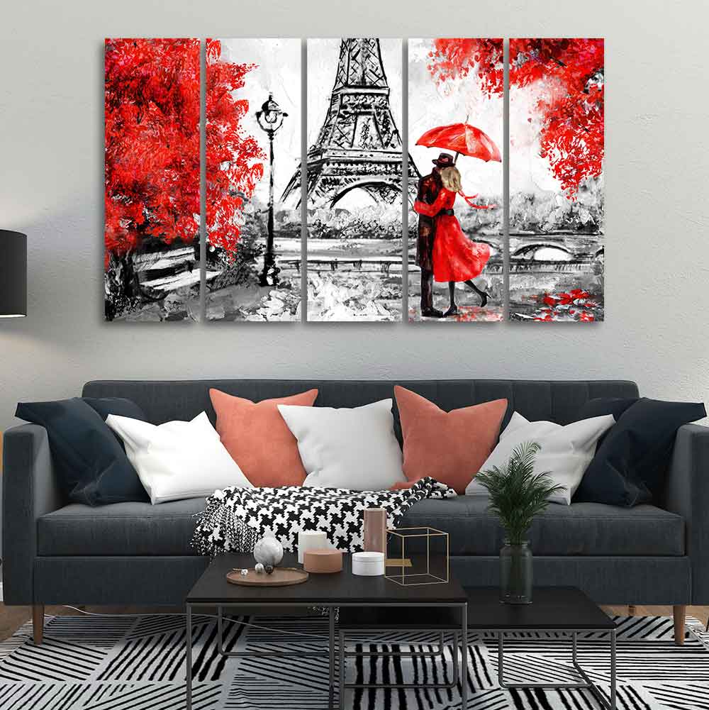 Premium Five Pieces Wall Painting of Couple Under an Umbrella