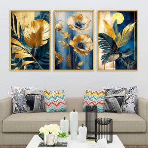 Premium Floral and Palm Leaf Canvas Wall Painting Set of Three