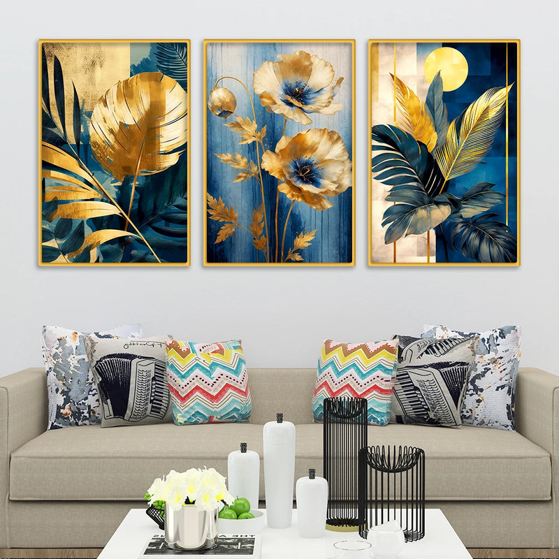 Premium Floral and Palm Leaf Canvas Wall Painting Set of Three