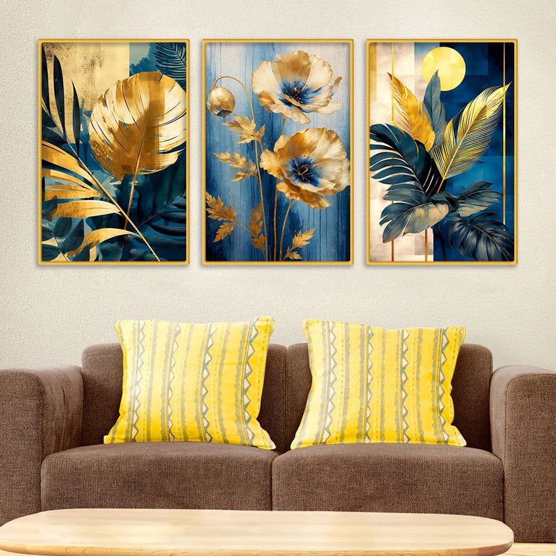 Premium Floral and Palm Leaf Canvas Wall Painting Set of Three
