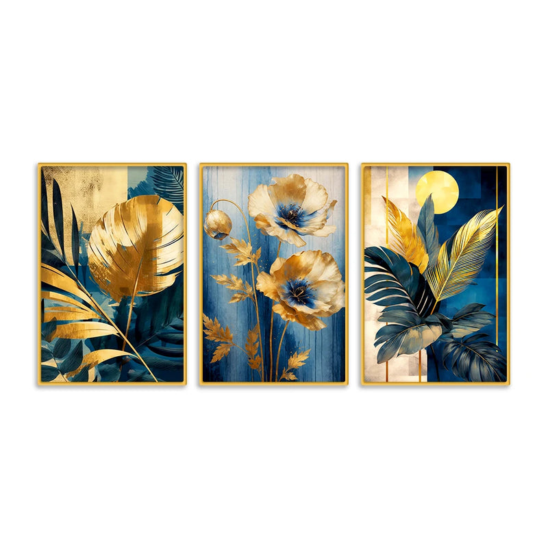 Premium Floral and Palm Leaf Canvas Wall Painting Set of Three