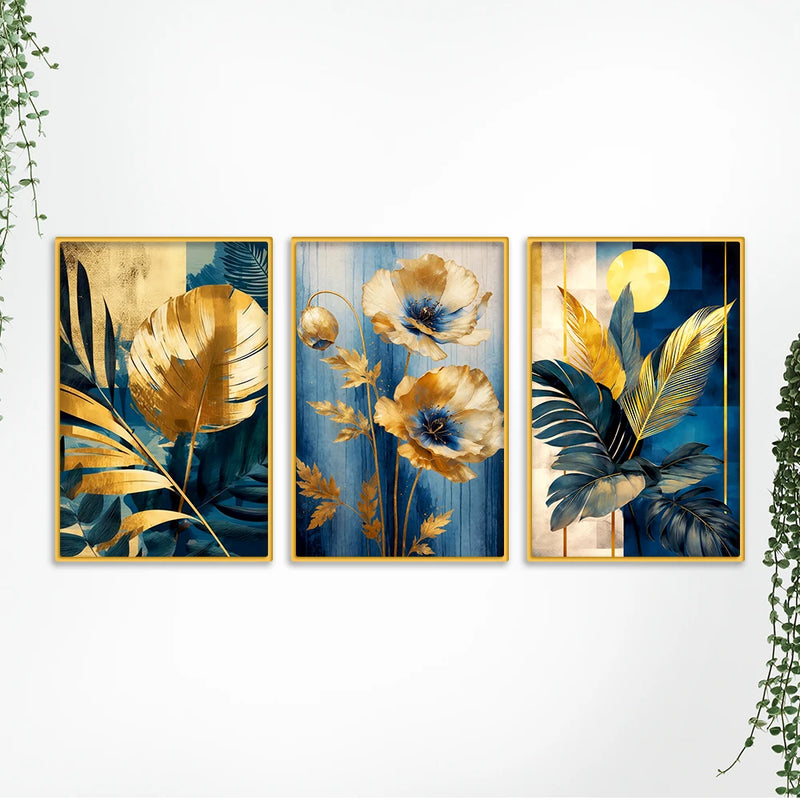 Premium Floral and Palm Leaf Canvas Wall Painting Set of Three