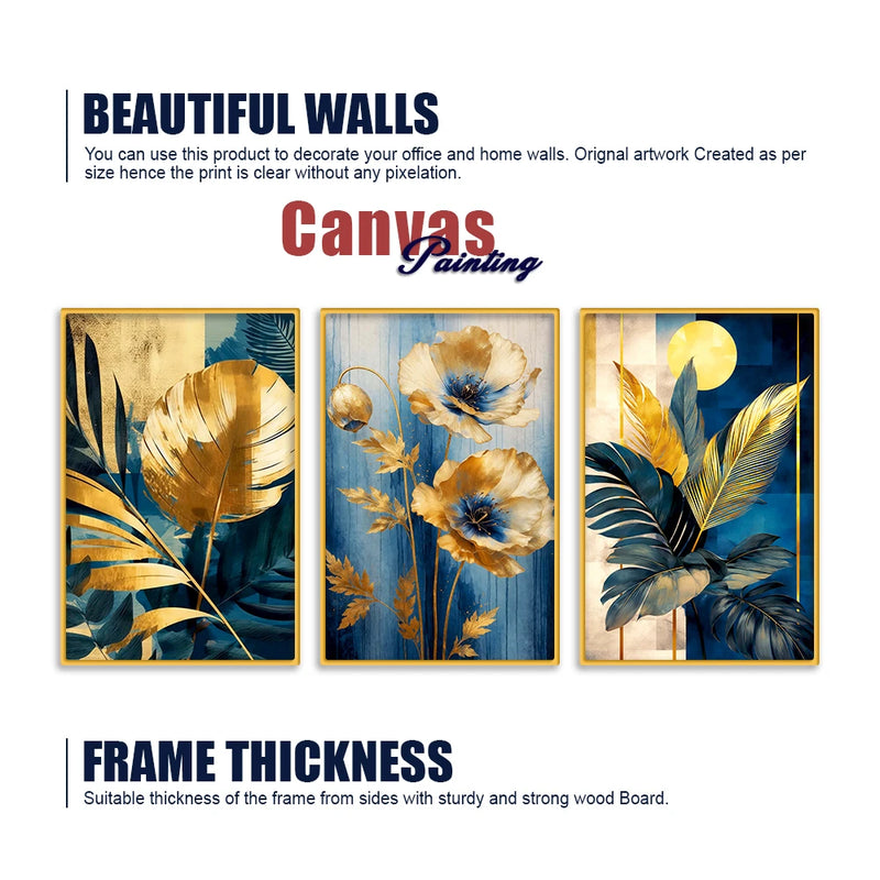 Premium Floral and Palm Leaf Canvas Wall Painting Set of Three