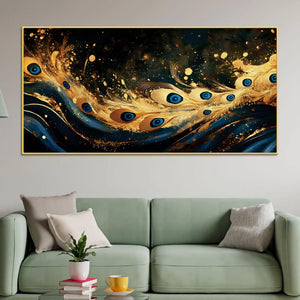 Premium Gold Blue Peacock Feather Abstract Canvas Wall Painting