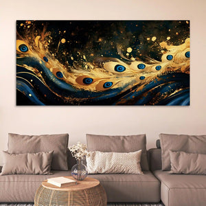 Premium Gold Blue Peacock Feather Abstract Canvas Wall Painting