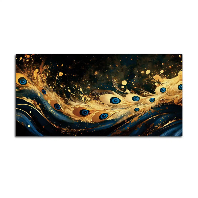 Premium Gold Blue Peacock Feather Abstract Canvas Wall Painting