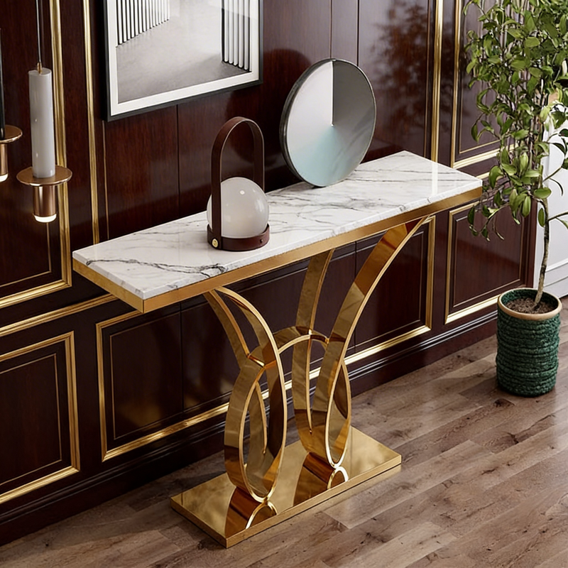 Premium Gold Frame Console Table Marble Finish for Home Decor