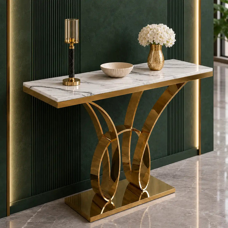 Premium Gold Frame Console Table Marble Finish for Home Decor