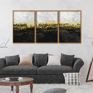 Premium Gold Glitter Particles on Black Background Floating Canvas Wall Painting Set of Three