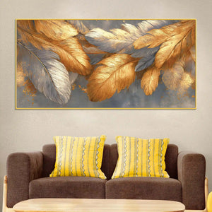 Premium Golden and Silver Feather Abstract Canvas Wall Painting