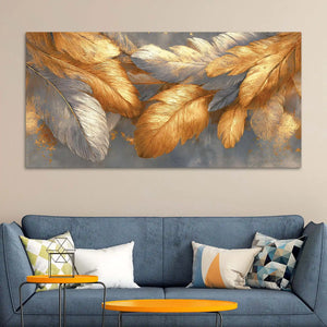 Premium Golden and Silver Feather Abstract Canvas Wall Painting