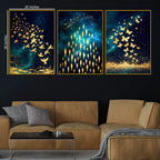 Premium Golden Birds Butterflies and Fish Trio Floating Frame Crystal Wall Painting Set of 3