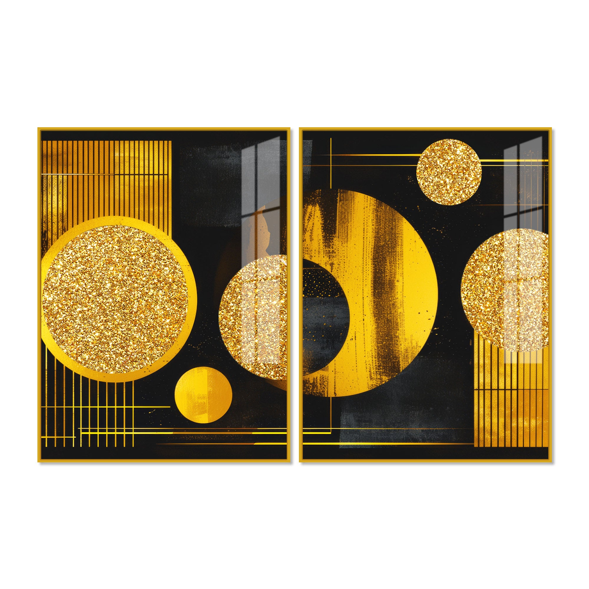 Premium Golden Crystal Circular Shaped Acrylic Art Floating Wall Painting Set of 2
