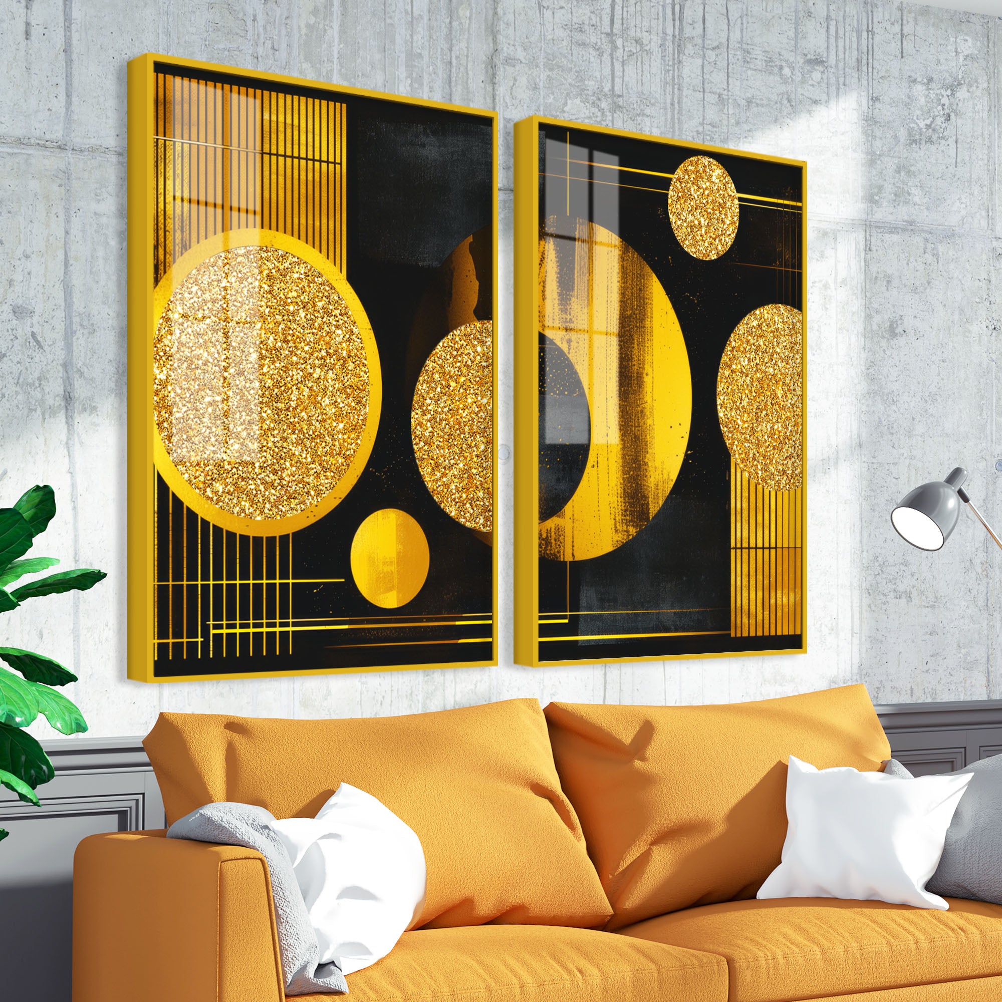 Premium Golden Crystal Circular Shaped Acrylic Art Floating Wall Painting Set of 2