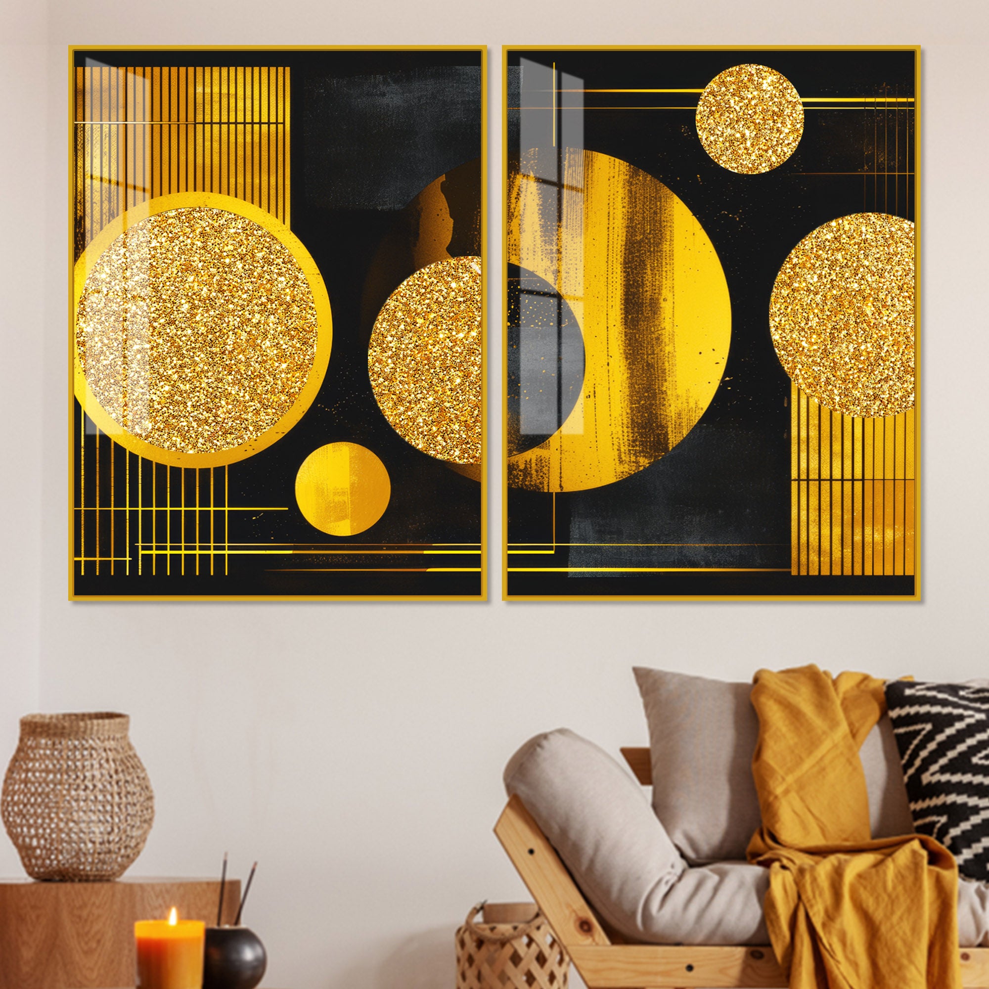Premium Golden Crystal Circular Shaped Acrylic Art Floating Wall Painting Set of 2